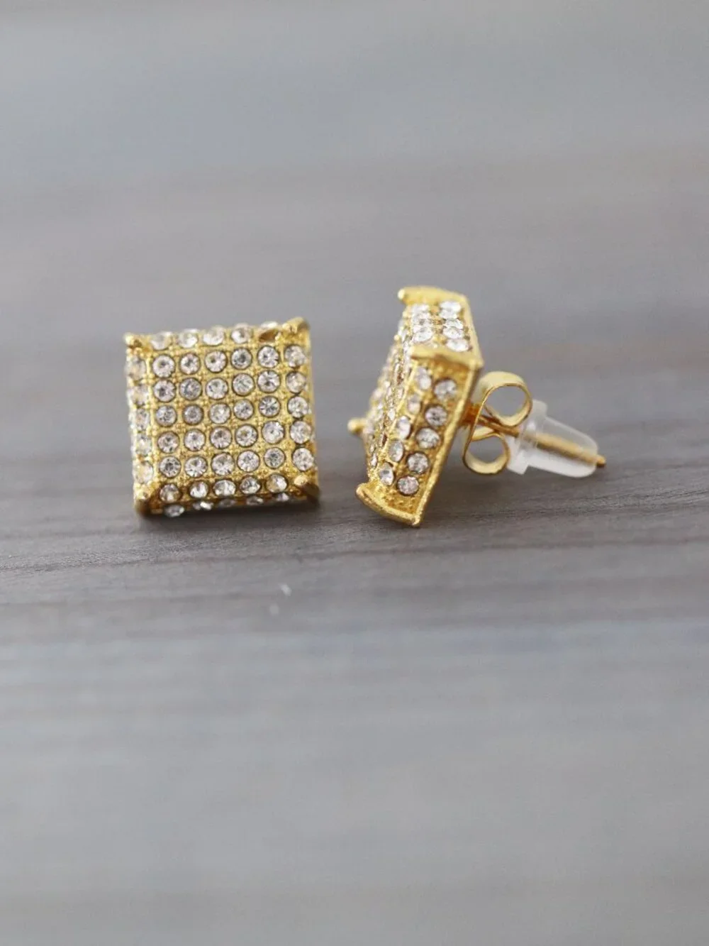 12mm Square Pave Style with Side Stones CZ Diamonds Stud Earrings Silver Plated